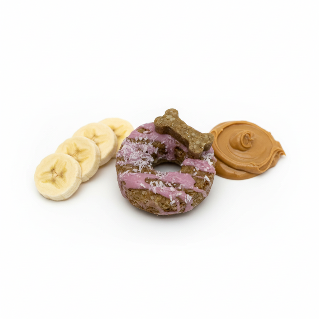 Dog donut with ingredients, no plate